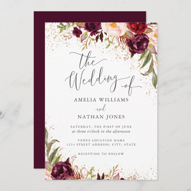 Gold Dust Burgundy Floral Fall Wedding Invitation (Front/Back)