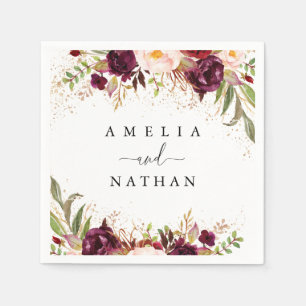 Gold Dust Burgundy Floral Watercolor Wedding Napkin