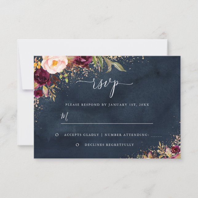 Gold Dust Burgundy Navy Floral RSVP Card (Front)