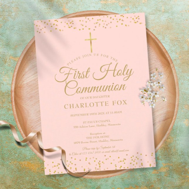 Gold Dust First Holy Communion Blush Pink Invitation (Creator Uploaded)