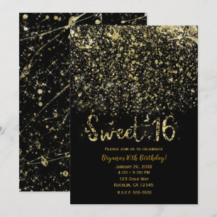 Gold Dust Glitter & Black Sweet 16 Sixteen Party Invitation