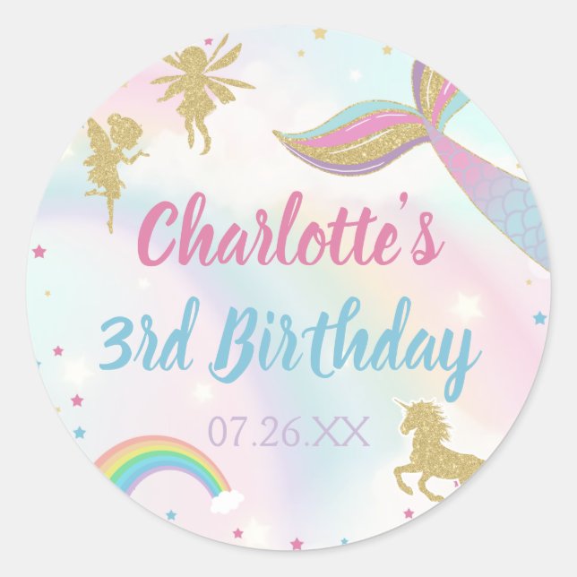 Gold Dust Magical Unicorn Fairy Mermaid Birthday  Classic Round Sticker (Front)