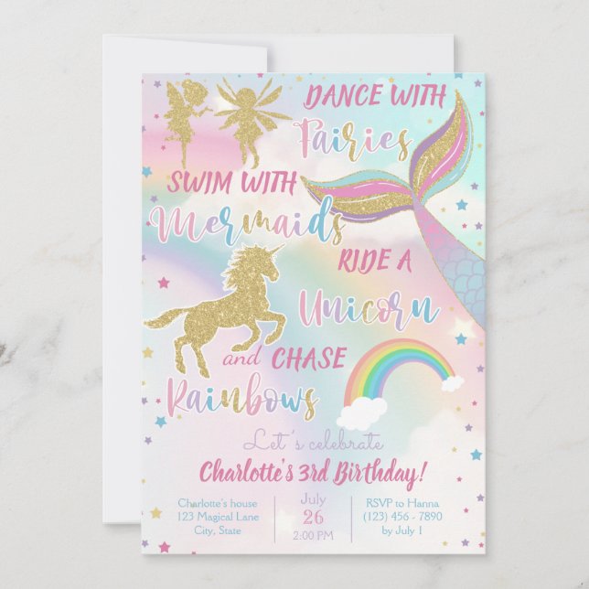 Gold Dust Magical Unicorn Fairy Mermaid Birthday Invitation (Front)