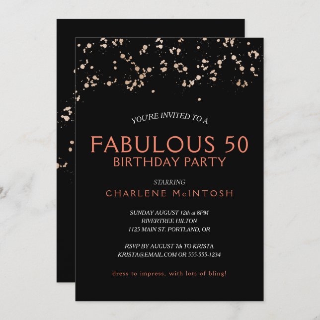 Gold Dust on Black With Coral Fabulous 50 Birthday Invitation (Front/Back)