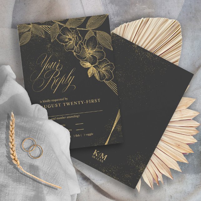 Gold Dust & Outlines Wedding Black/Gold ID835 RSVP Card (Creator Uploaded)