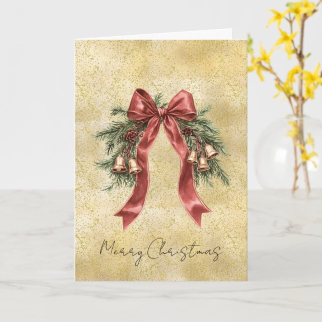 Gold Dust Sparkle Confetti Red Bow Bells Christmas Card (Yellow Flower)