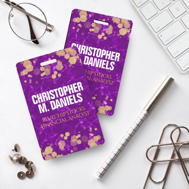 Gold-Dusted Confetti on Purple Marble ID Badge (Creator Uploaded)
