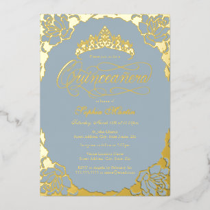 Gold Dusty Blue Elegant Script Quinceanera 