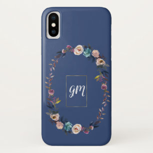 Gold Dusty Blue Misty Rose Floral Wreath Monogram iPhone X Case