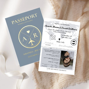 Gold & Dusty Blue Passport Wedding Invitation