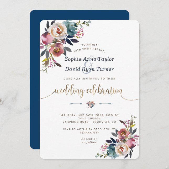 Gold Dusty Blue Pink Floral Bloom Wedding Invitation (Front/Back)