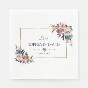 Gold Dusty Blue Pink Floral Wedding Napkin