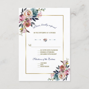 Gold Dusty Blue Pink Floral Wedding RSVP Card