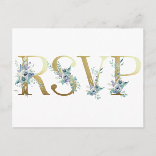 Gold Dusty Blue Watercolor Wedding Elegant Floral Invitation Postcard