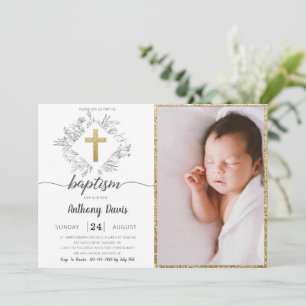Gold Dusty Grey Baptism Invitation With Photo