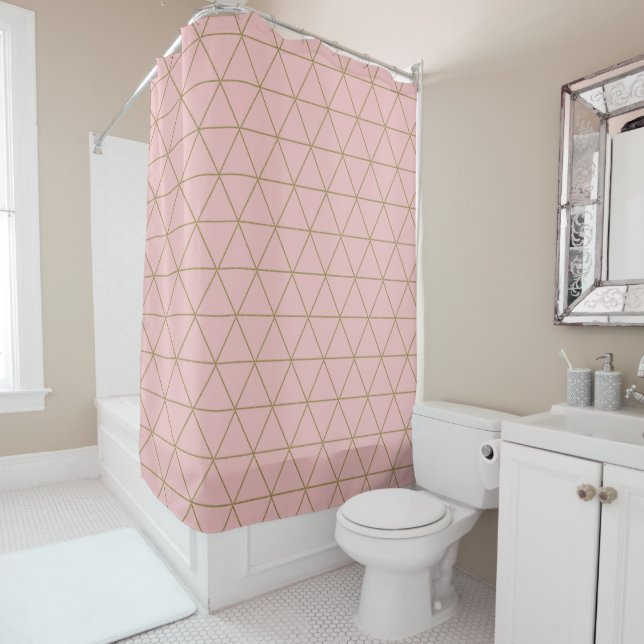 Gold Dusty Mauve Geometric Triangles Boho Glam  Shower Curtain (In Situ)