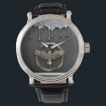 Gold Eagle Emblem With Spread Wings Watch<br><div class="desc">Ornate gold eagle emblem with outstretched wings mounted on a distressed grey metal panel,  accented by a horizontal gold band and dripping liquid metal for a luxurious yet industrial heraldic look.</div>