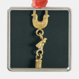 Gold earring with drop-shaped pendant in the form metal tree decoration