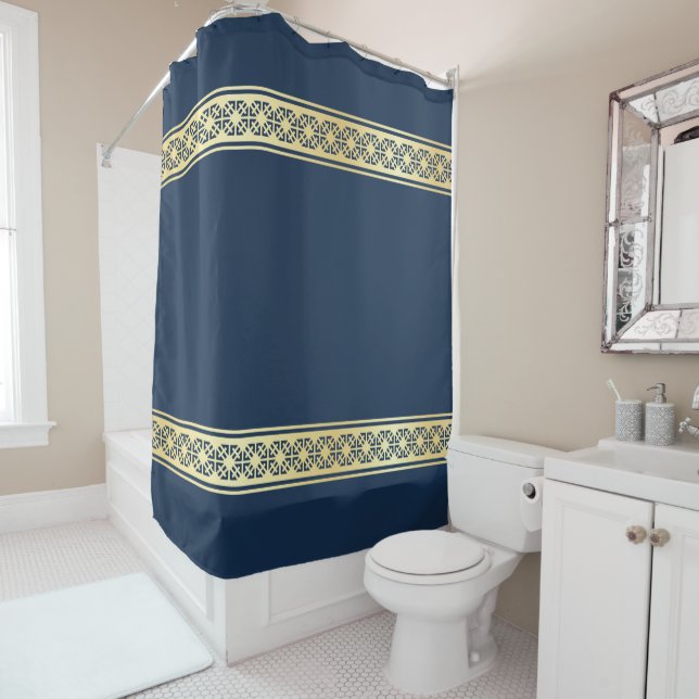 Gold Eastern Geometric Patterned Stripes on Navy Shower Curtain (In Situ)