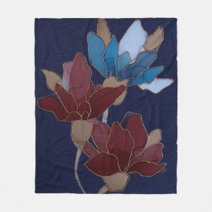 Gold-Edged Burgundy & Blue Floral on Navy Fleece Blanket