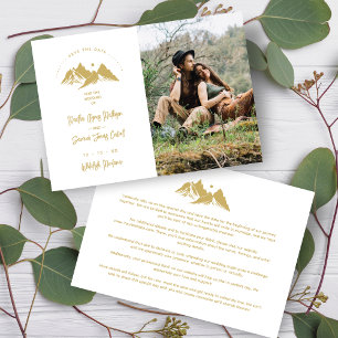 Gold Effect Boho Rustic Mountains Photo Wedding Save The Date
