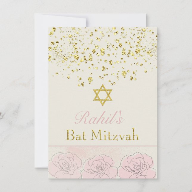 Gold effect confetti, pink rose Bat MItzvah Invite (Front)