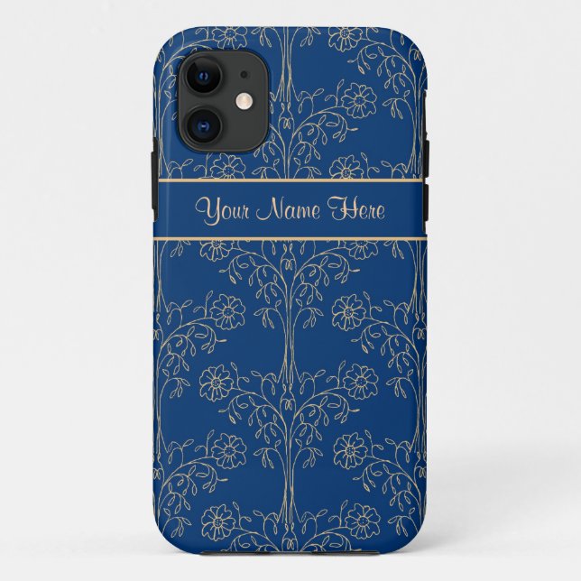 Gold-effect Floral Pattern on Deep Blue Background Case-Mate iPhone Case (Back)
