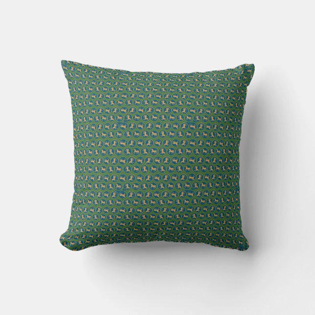Gold-effect Hand-painted Horse on Dark Green, Blue Cushion (Front)