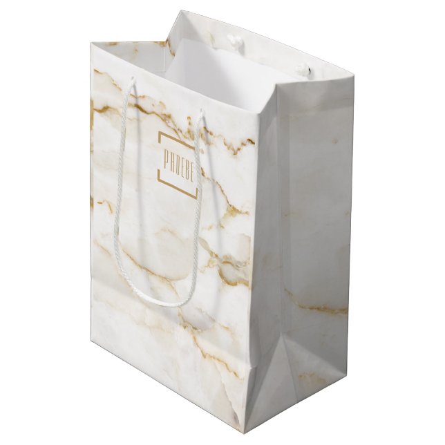 Gold Effect Marble Personalised Christmas Medium Gift Bag (Front Angled)