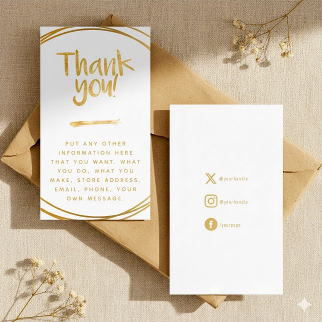 Gold effect, thank you insert card social links (Gold fun and elegant customer order insert card with social media handles.)