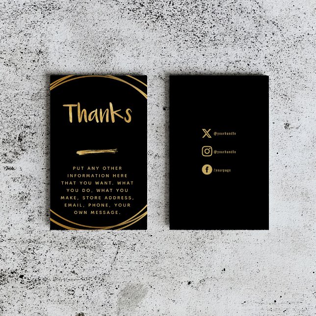 Gold effect thank you social links insert card (Black insert card that says "thanks" in fun gold text with gold rings and social media details.)