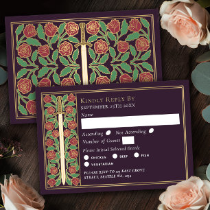 Gold Eggplant Mediaeval Floral Sword Wedding RSVP Card