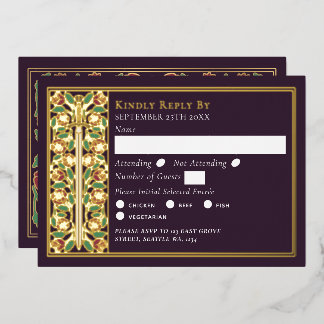 Gold Eggplant Medieval Floral Sword Wedding RSVP