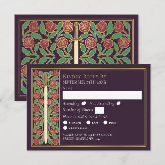 Gold Eggplant Medieval Floral Sword Wedding RSVP Card