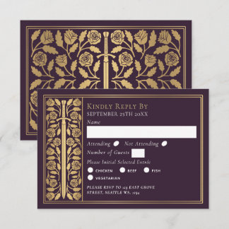 Gold Eggplant Medieval Sword Royal Wedding RSVP Card