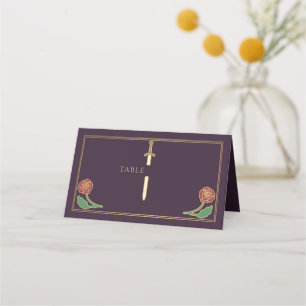 Gold  Eggplant Royal Floral Sword Wedding  Place Card