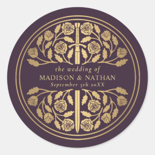 Gold Eggplant Royal Mediaeval Sword Wedding  Classic Round Sticker