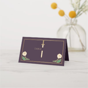 Gold Eggplant Royal White Floral Sword Wedding Place Card