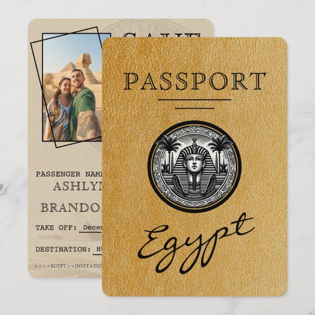 Gold Egypt Passport Wedding Save the Date (Front/Back)