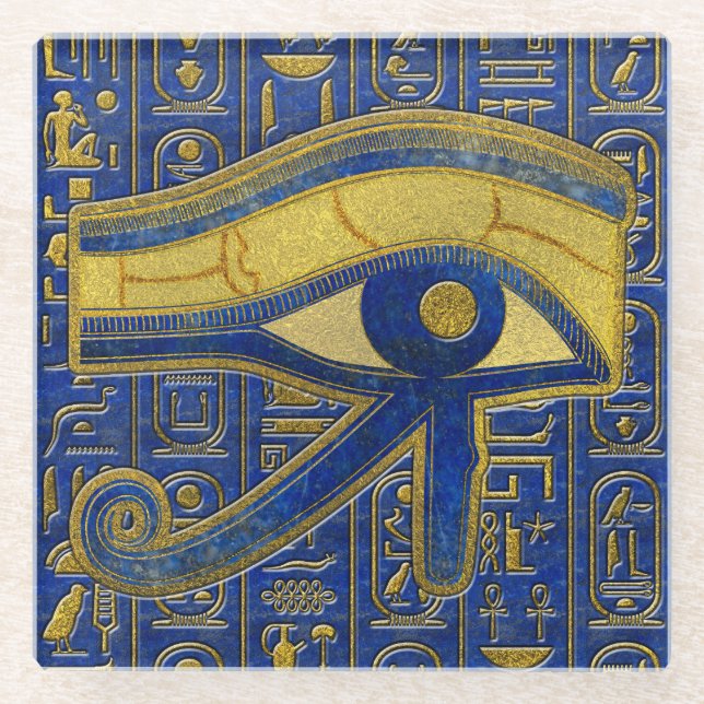 Gold Egyptian Eye of Horus - Wadjet Lapis Lazuli Glass Coaster (Front)