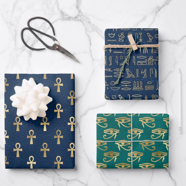 Gold Egyptian Hieroglyph Patterns Wrapping Paper Sheet (Front)