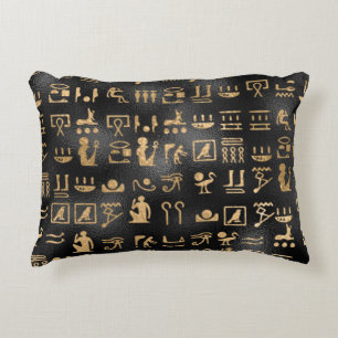 Gold Egyptian Hieroglyphics on Black Decorative Cushion
