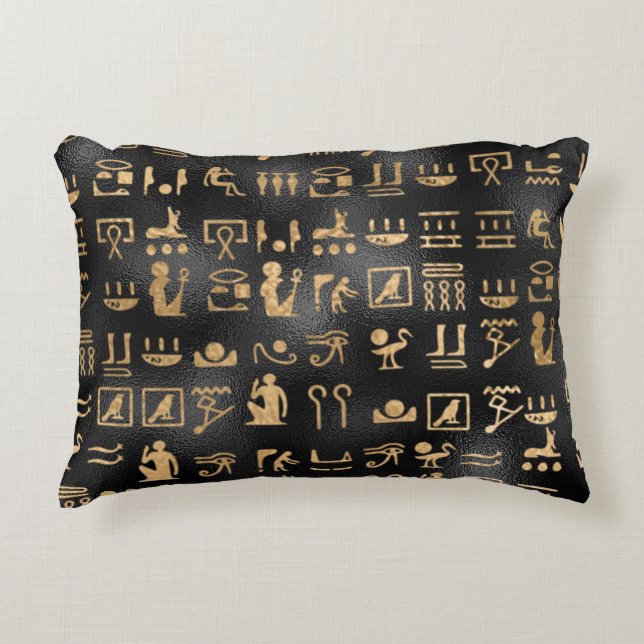 Gold Egyptian Hieroglyphics on Black Decorative Cushion (Front)
