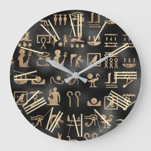 Gold Egyptian Hieroglyphics on Black Large Clock (Front)