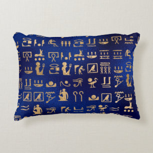Gold Egyptian Hieroglyphics on Blue Decorative Cushion