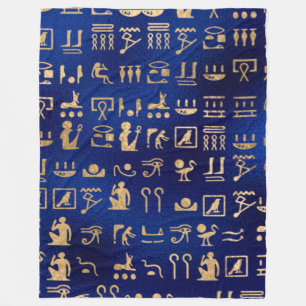 Gold Egyptian Hieroglyphics on Blue Fleece Blanket