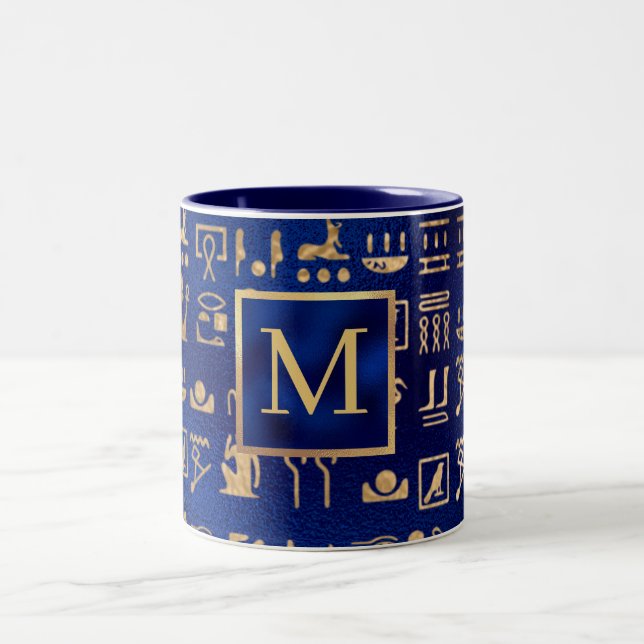 Gold Egyptian Hieroglyphics on Blue Intial Two-Tone Coffee Mug (Center)