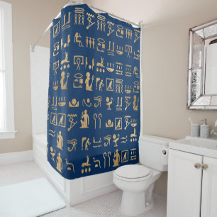 Gold Egyptian Hieroglyphics on Blue Shower Curtain