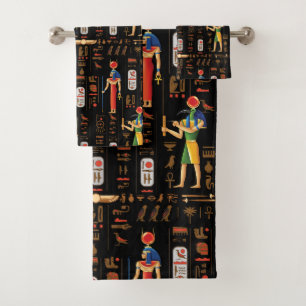 Gold Egyptian hieroglyphs and deities on black Bath Towel Set
