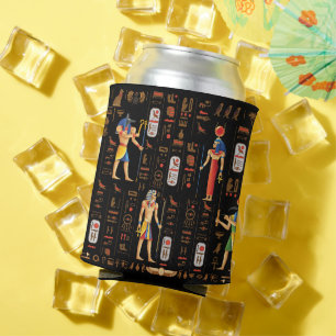 Gold Egyptian hieroglyphs and deities on black Can Cooler